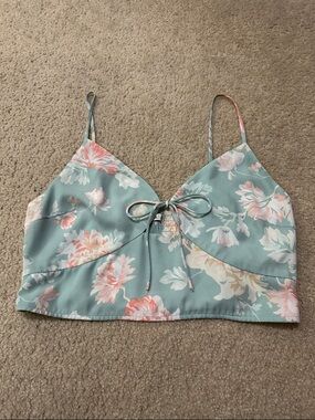 Abercrombie & Fitch Dusty Aqua Floral Tie-Front Cropped Camisole Top